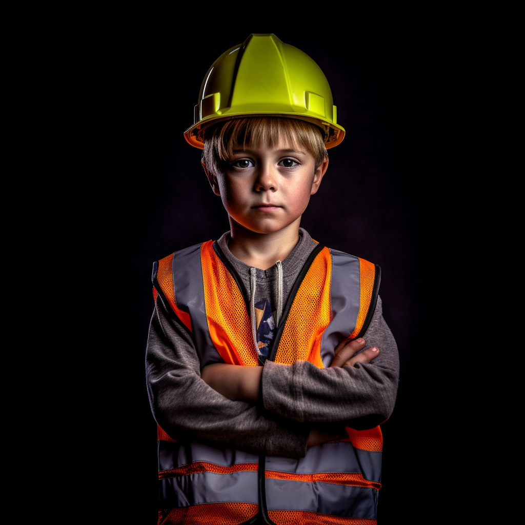 Young boy in a hard hat and high visibility vest, ready to build the perfect cozy DIY reading nook.
