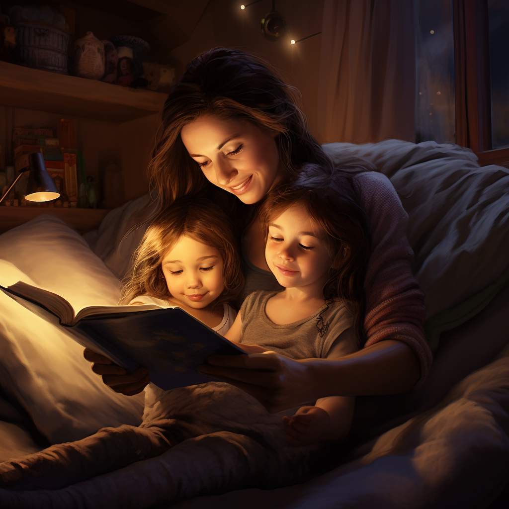 Parent reading a bedtime story to two children, calming mood in the room.