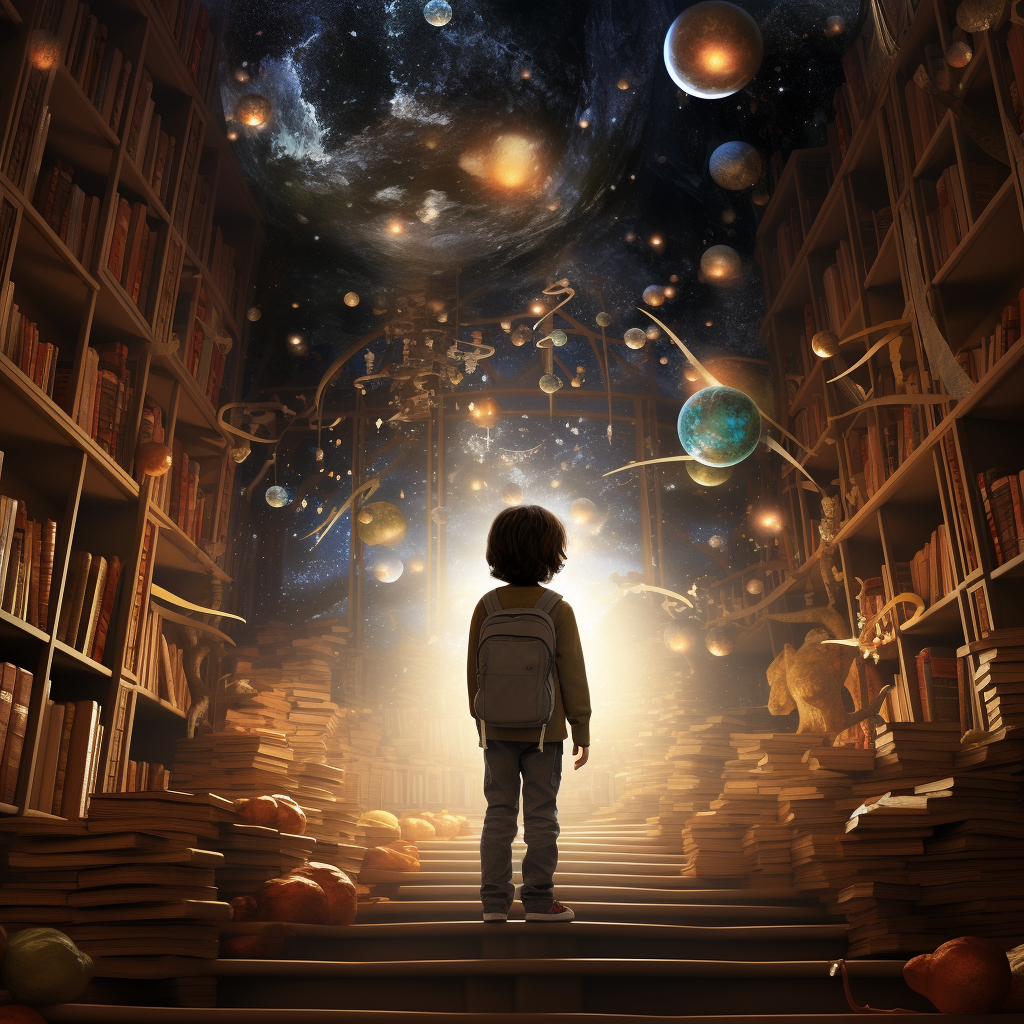 Boy in library having a dream come to life. For reading quote for kids